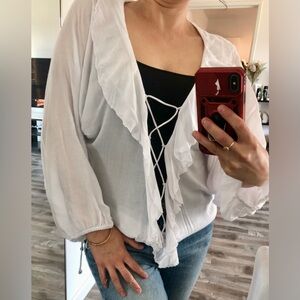White Ruffle Blouse by Indah Lace Up Front Pirate Blouse S